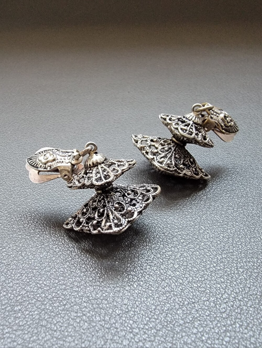 Vintage Artisan Filigree Clip Earrings Victorian Revival Openwork Dangle Silver